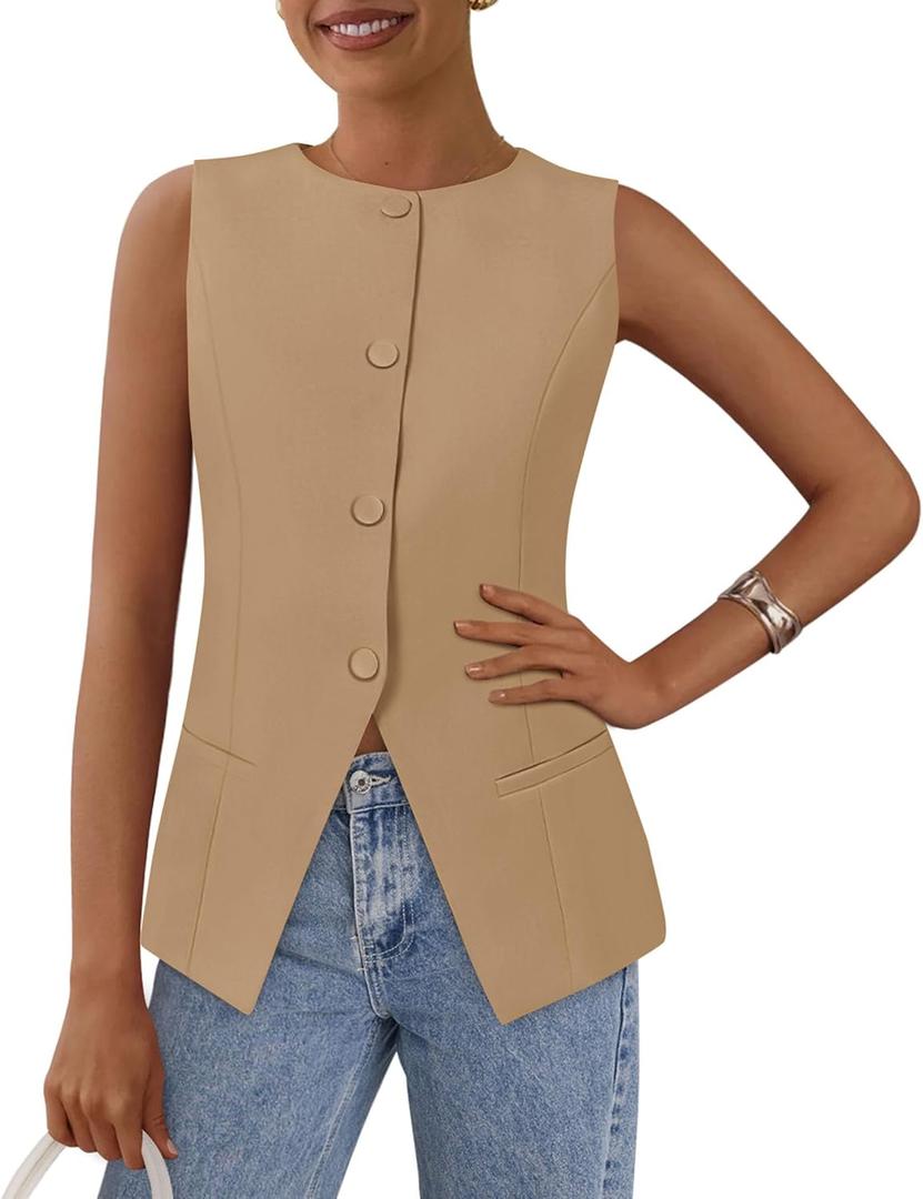 PRETTYGARDEN Women's Summer Suit Vest Tops 2026 Dressy Business Casual Sleeveless Button Down Trendy Fashion Blazer Waistcoat (Beige, M)