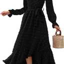 BTFBM Long Sleeve Maxi Dresses for Women V Neck Swiss Dot Boho Flowy Slit Cocktail Wedding Guest Dress Fall Clothes 2025 (Large, Black)