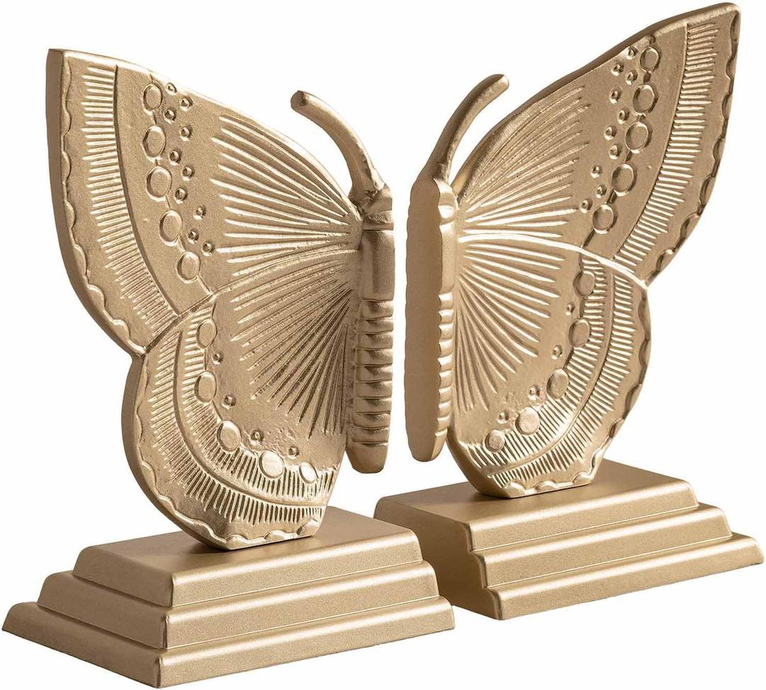 Decorative Butterfly Bookends, Muted Matte Vintage Gold Heavy Duty Metal Book Ends with Non-Slip Felt Base, Shelf Organizer for Home and Office