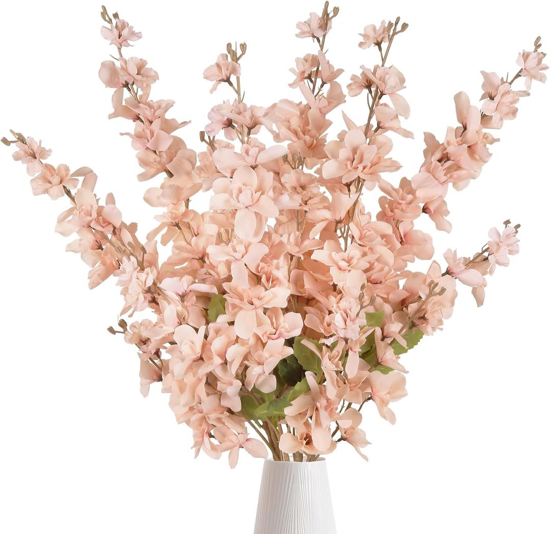 6PCS Silk Delphinium Artificial Flower Lifelike Silk Larkspur Flowers Plant 35.43" Long Stem Blossoms Fake Flowers for Tall Vase Floral Arrangements Home Table Wedding Decor(Champagne Pink)