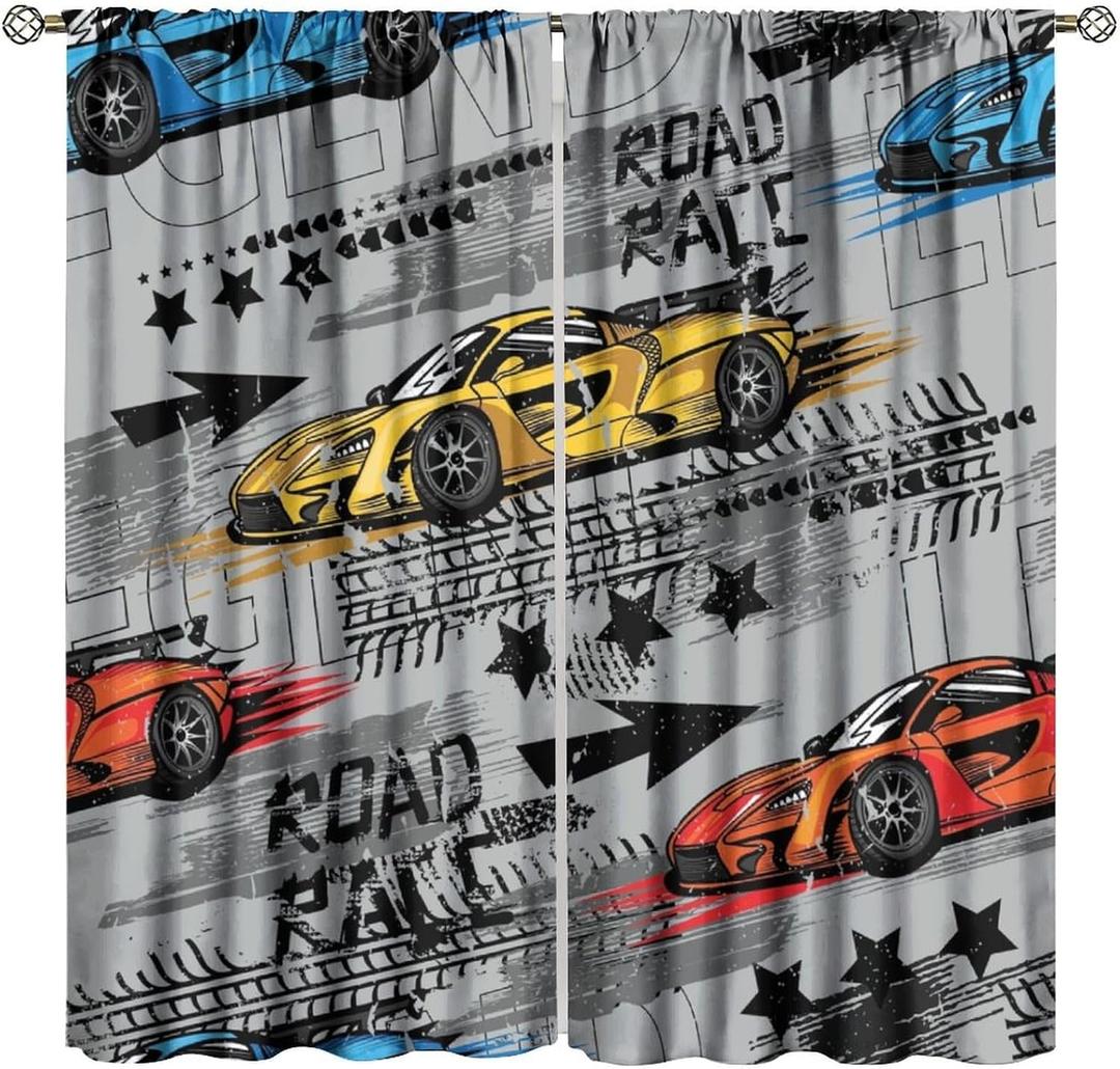 Racing Car Curtains, Extreme Sports Grey Background Sports Race Window Treatments for Boys Room Bedroom Playroom 42" W X 45" L (No Blackout)