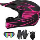 SanQing Youth Kids Motocross Helmet, Full Face Motorcycle Helmet for Dirt Bike ATV Four Wheeler MX Offroad Street Helmet with Gloves,Goggles,Face Shield DOT Approved (Small, Pink)