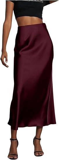 SOLY HUX Women's Elegant Satin Skirts High Waisted Flared Casual Work Office Fishtail Midi Skirt (Large, Red Violet)