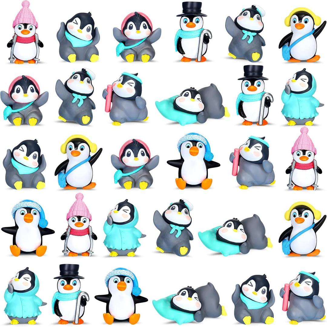 Macarrie 30 Pcs Mini Penguin Figurines Cute Penguin Characters Toys Collection Playset Mini Cartoon Cake Topper Winter Figurines Cake Decoration for Boy Girl(Vivid)