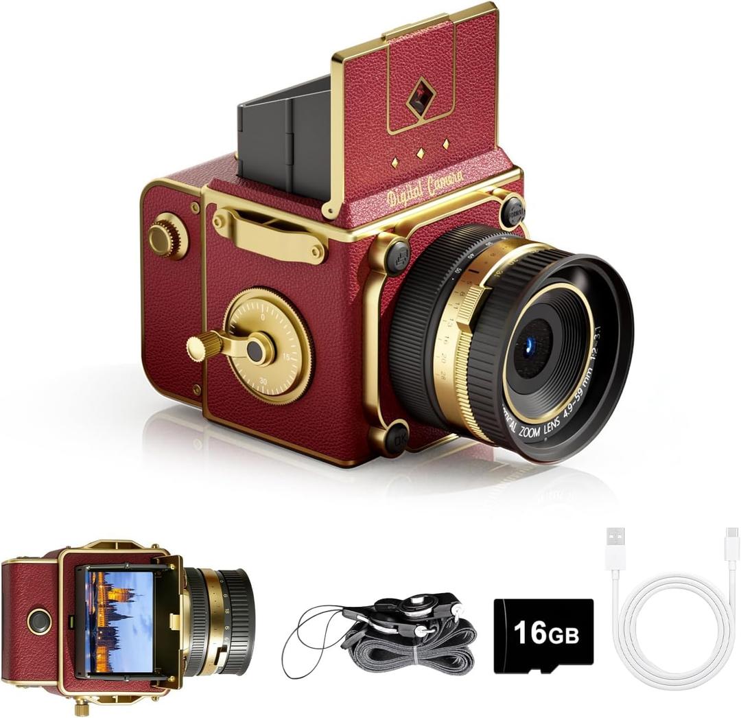 Vintage Digital Camera, 64MP 2.7K Retro Point and Shoot Camera with Autofocus, 2" IPS Waist-Level Screen & 16GB TF Card, 16X Zoom Compact Photography Camera for Beginners Kids Teens, Butterfly Door