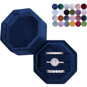 Velvet 3 Slots Jewelry Ring Box Engagement Wedding Box Keepsake Box Bridal Photo Ring Triple Slots Octagon (Navy Blue)
