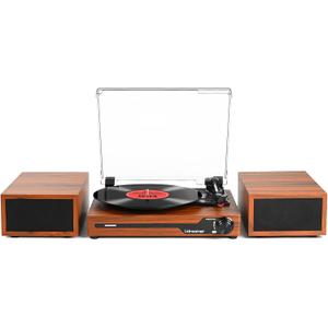 Vinyl Record Player with Speakers, Bluetooth Portable Turntable for Vinyl Records, Phonograph LP Player with 3 Speed USB RCA in Vintage Brown
