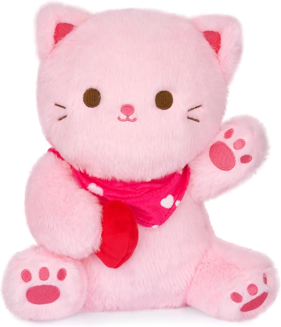 Valentines Stuffed Animal Cat Plush, 8inch Pink Cat Valentines Day Gifts for Her Him Kids, Cute Kitten Valentines Plushies with Love Heart for Wife, Fiance, Girlfriend (Pink and Red)