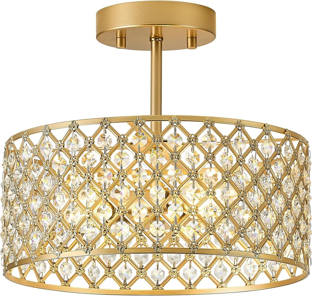 Gold Crystal Ceiling Light Fixture,Modern Semi Flush Mount Ceiling Lighting Fixture,Round Small Chandelier for Dining Room, Hallway, Entryway, Kitchen, Bedroom,Foyer,3 Light,12 inch
