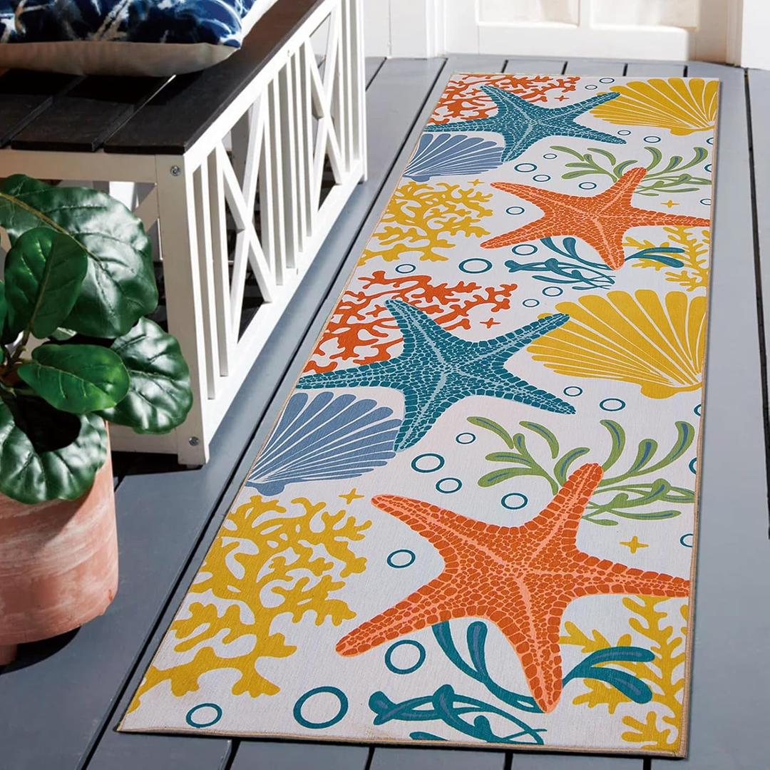 3' x 5' Washable Indoor Outdoor Runner Rug for Hallway, Kitchen, Stain Resistant, Easy Clean, Orange Coastal Runner Rug for Indoor/Outdoor Patio, Deck, Porch, Kitchen, Hallway, Laundry Room