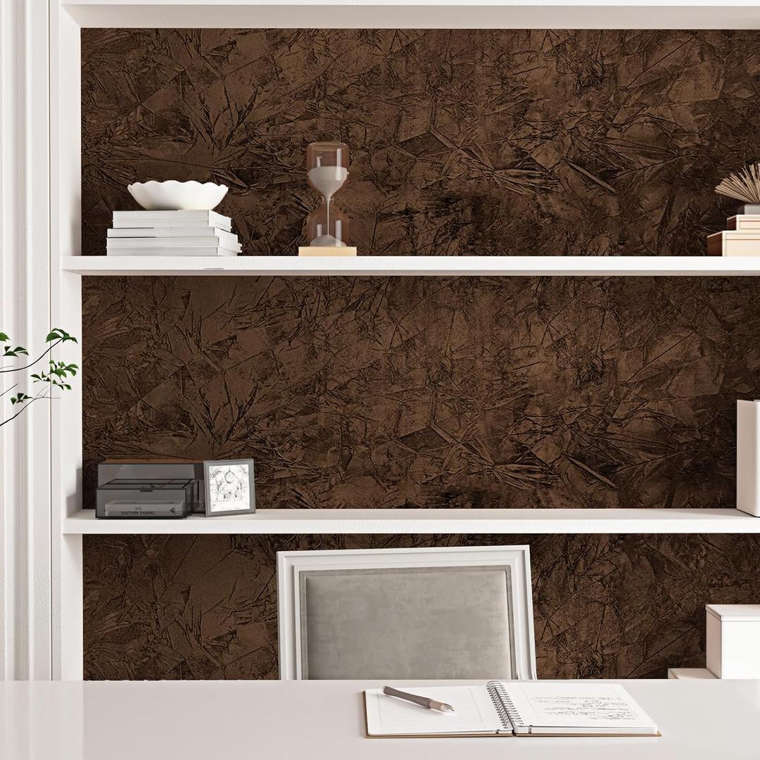 Dark Brown Velvet Wallpaper Self Adhesive Folded Velvet Drawer Liner Brown Felt Fabric Flocking Liner for Jewelry Craft Floral Leaves Felt Contact Paper for Cabinets and Drawers Bedroom