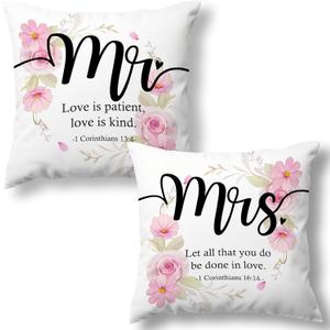 Christian Mr and Mrs Couple Valentines Decorative Throw Pillow Covers Set of 2, Let All That You Do Be Done in Love Gifts for Couple Wedding, Floral Pillow Decor for Couch Bedroom 18x18in