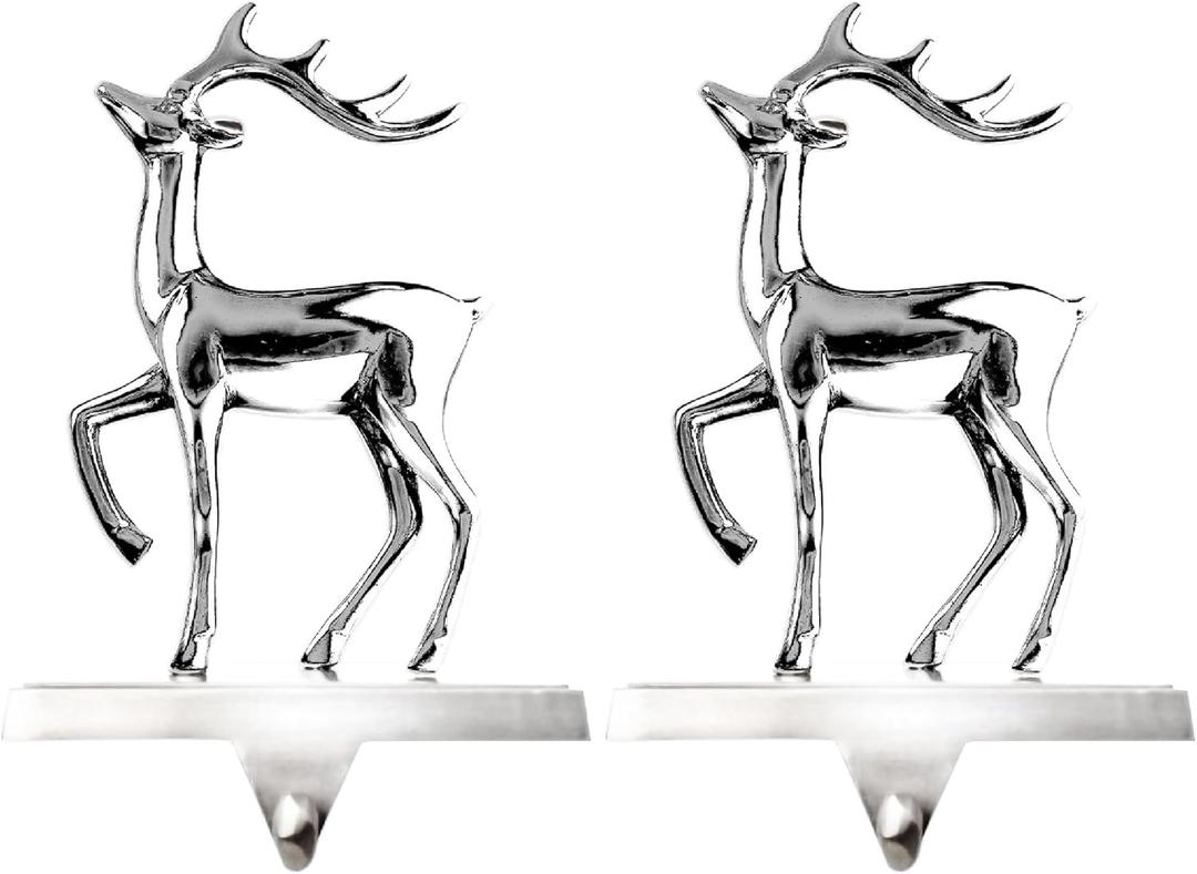 Klikel Reindeer Stocking Hanger Set of 2 - Shiny Silver Metal Christmas Stocking Holder For Fireplace Mantle - Heavy Duty, Left Facing
