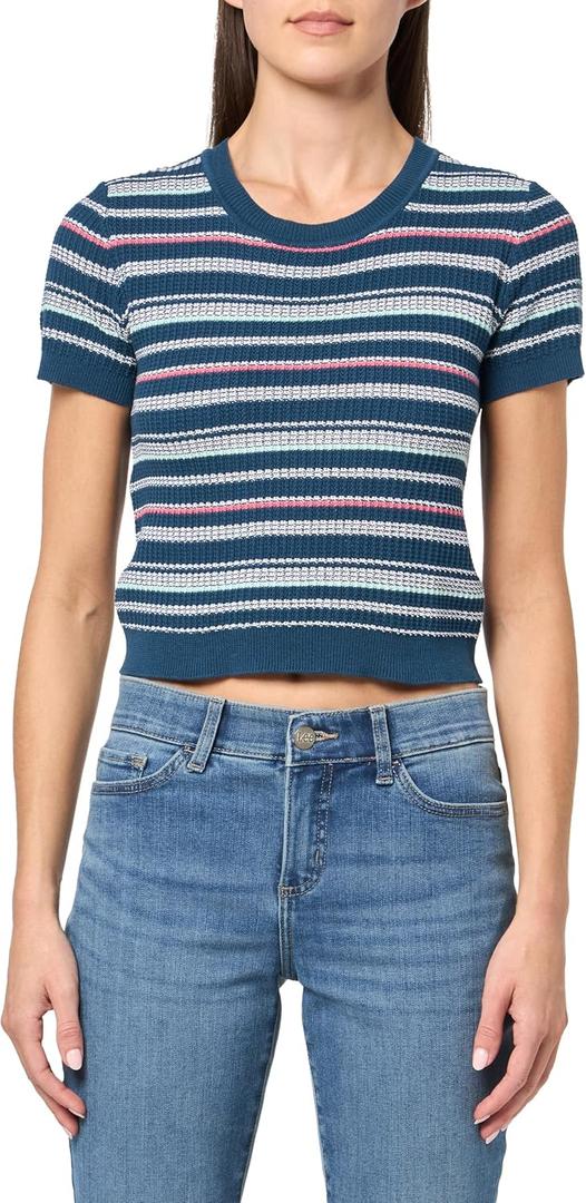 UNIONBAY Women's Kensington Stripe Short Sleeve Crewneck Sweater (Medium, Moody Blue)