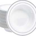 100pc Deep Bowl With White Background And Double Silver Edges, 12oz,Disposable Soup Bowls,Disposable Soup Dessert Salad Bowls for Wedding/Party/Catered Events