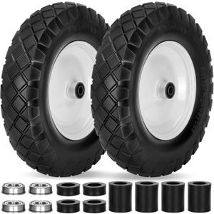 Upgraded 16" Flat Free Wheelbarrow Wheels and Tires, 4.80/4.00-8 Solid Wheelbarrow Tires with 5/8"&3/4" Bearings,14"-16" Universal Fit Wheelbarrow Tires for Wheelbarrows/Garden Trailer (black)