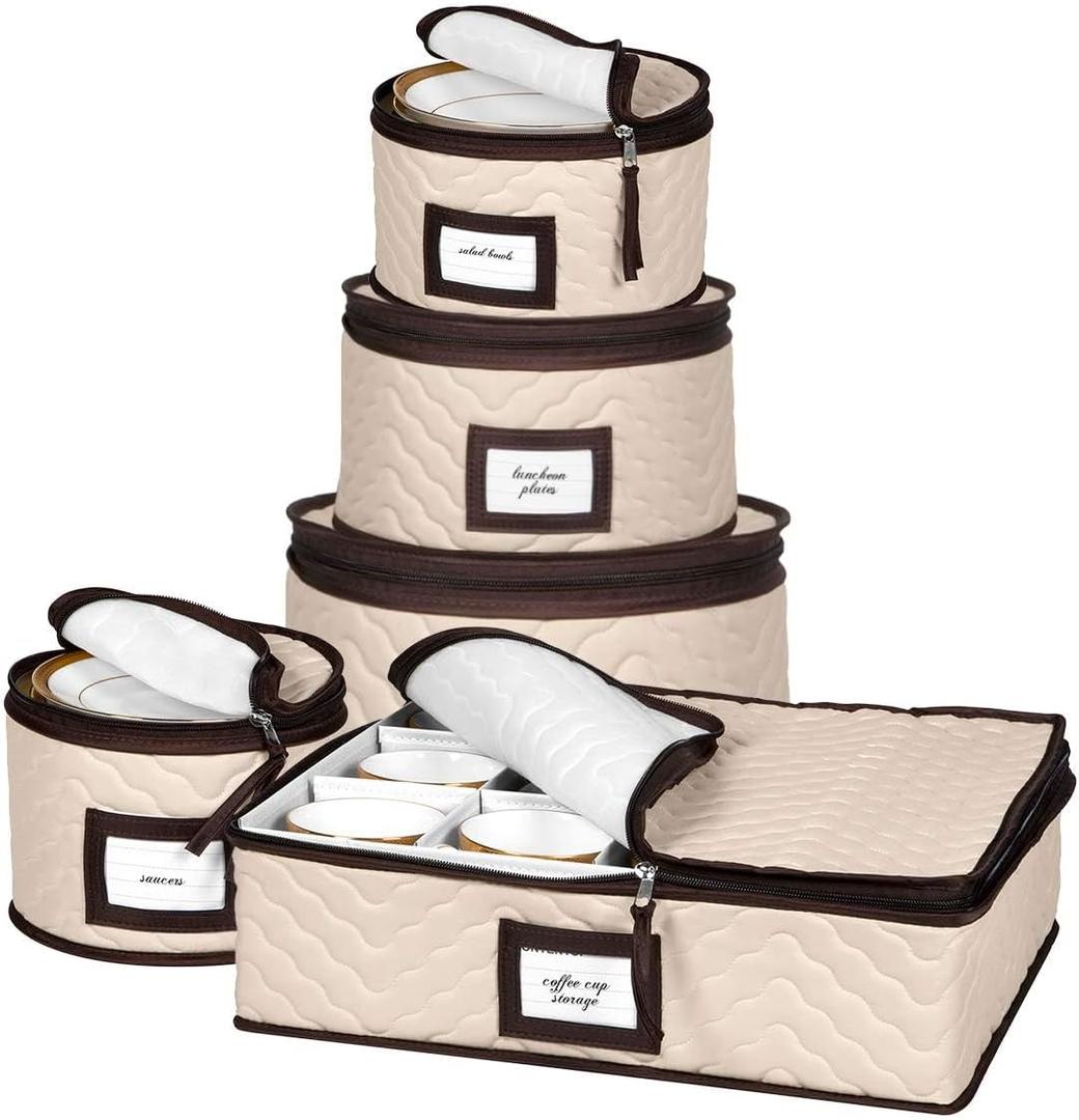 China Storage Containers 5-Piece Set Moving Boxes for Dinnerware, Glasses, Plates, Mugs and Saucers Sturdy Quilted Microfiber Dish Organizer with Dividers for Seasonal Storage - Holds Set of 12 (Beige)