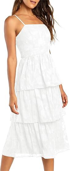 Ferlema Women's 2025 Summer Sleeveless Spaghetti Strap Smocked Tiered Flowy Beach Cocktail Midi Dresses (Medium)