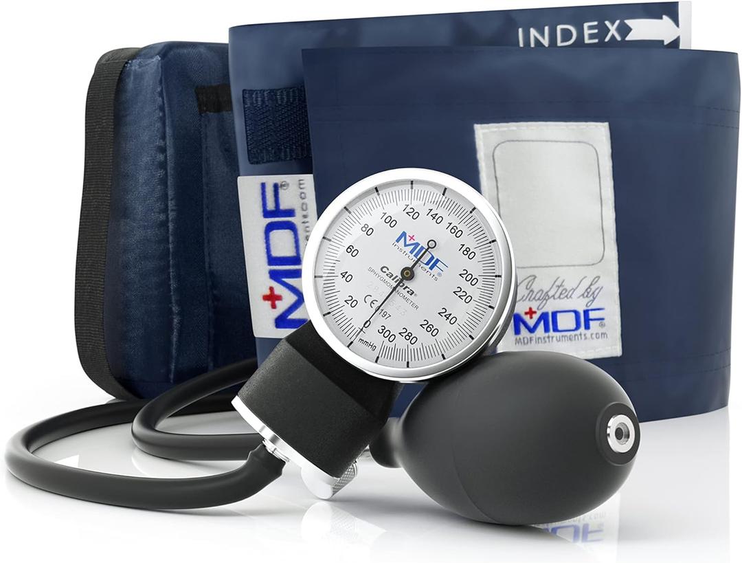 MDF Instruments, Calibra Aneroid Premium Professional Sphygmomanometer, Blood Pressure Monitor with Adult Cuff & Carrying Case, Lifetime Calibration, White Dial, Navy Blue Cuff, MDF808M04 (Standard Gauge - Adult Cuff)