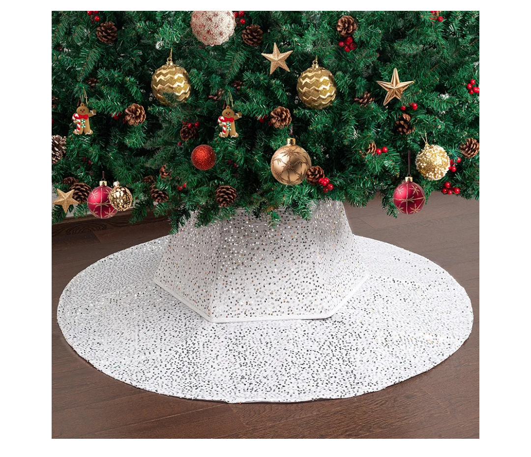Mr. Pen- Silver Sequin Christmas Tree Skirt and Tree Collar, 36 Inch Base Cover, 24.8 Inch Foldable Sparkling Sequin Trees Skirt Collar, Silver Sequin Tree Skirt, Christmas Skirt Tree