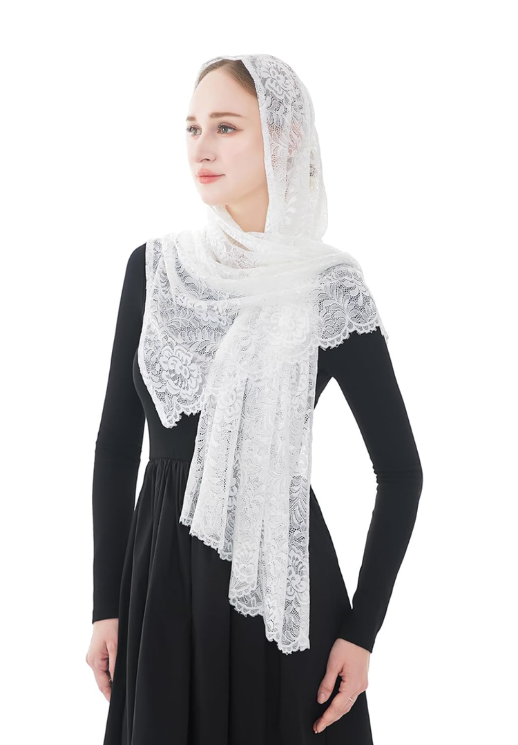 Wgior Elegant Floral Catholic Church Veil, Soft Mantilla Chapel Prayer Scarf Wrap Shawl Headscarf