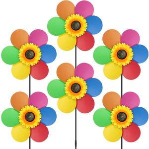 6PCS Sunflower Wind Spinners with Stakes 14" W x 29" H Wind Spinners Lawn Pinwheel Rainbow Windmill Outdoor Pinwheels for Yard DecorationRainbowcolors