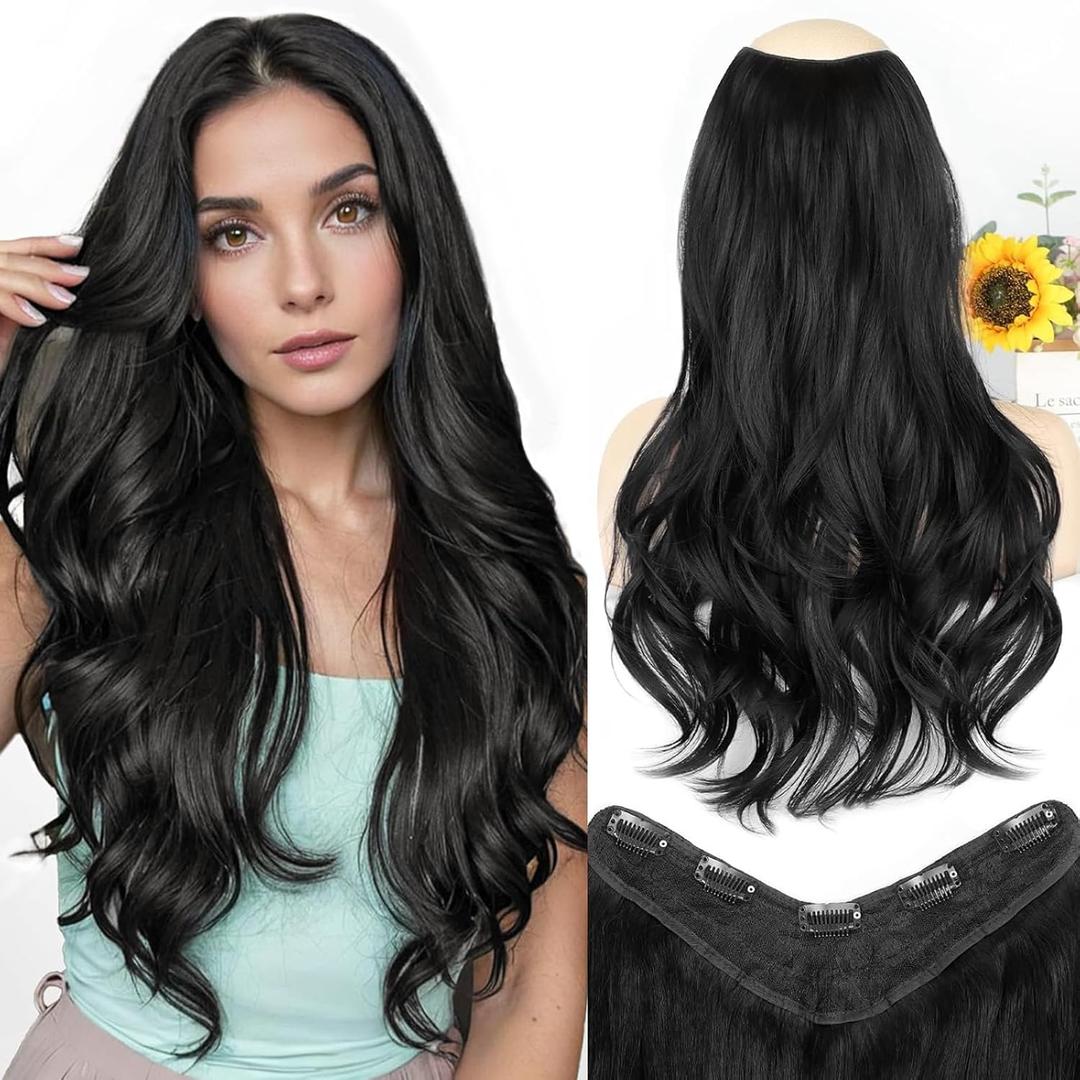 ALXNAN Long Wavy Layered Hair Extensions for Women, Clip in Hair Extensions Clip Ins Soft Full Head Synthetic Hairpieces 24 Inch Black