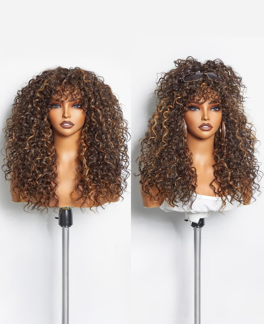 GORGIUS GORGIUS Veralux Blend Human Hair Highlight Brown Curly Wig with Bangs Glueless Synthetic Bang Wigs with Realistic Scalp Put On ang Go Beginner Friendly 20 Inch