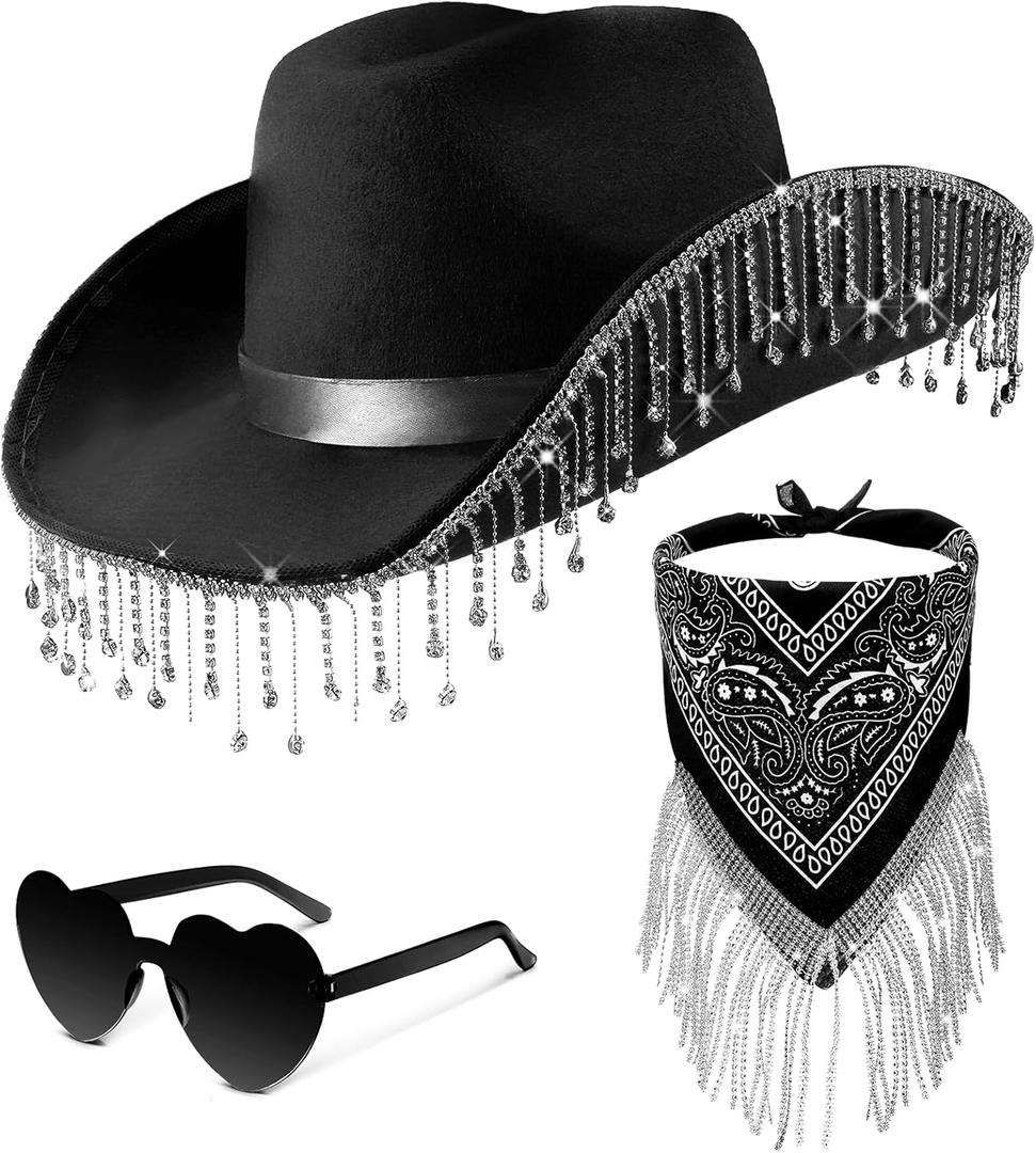 Leumoi 3 Pcs Rhinestone Cowgirl Hat with Fringe Rhinestone Bandana and Heart Sunglasses Bling Diamond Fringe Cowboy Hat (Black)