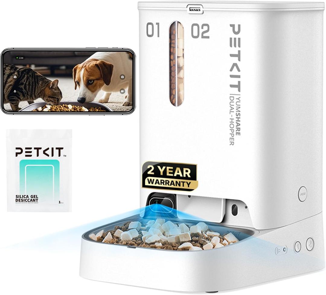 PETKIT Automatic Cat Dog Feeder with Camera, AI-Powered Motion Capturing, 1080P HD Video with Night Vision, 2.4G WiFi Pet Feeder with 2-Way Audio, Dual Hopper Pet Food Dispenser with Desiccant