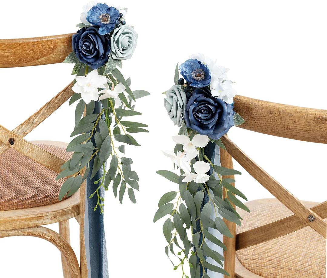 Ling's Moment 8pcs Wedding Artificial Aisle Pew Flowers Chair Decorations Arrangements with Chiffon Ribbons Dusty Blue & Navy for Ceremony Chair Back Floral Decor Reception Church Party Outdoor
