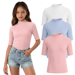 LessonZoo 3 Pack Girls' Shirts Teen Summer Tops Mock Turtleneck Slim Fit Ribbed Half Sleeve Fashion Tees Kids Clothes Trendy(Light Pink, Light Blue, White,11-12 Years