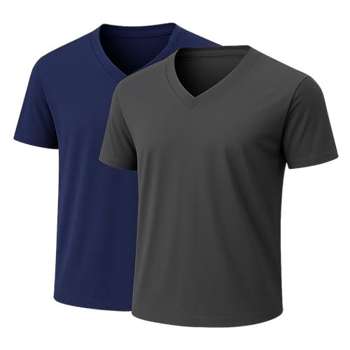 2-Pack Bulk Men’s V-Neck T-Shirts – Soft Pre-Shrunk Premium Cotton, Short Sleeves, Reinforced Collar, Crew Neck, Casual Fit Charcoal/Navy XL