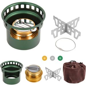 2 In 1 Mini Stove For Camping, Portable Burner With Stainless Steel Cross Stand, Storage Bag, Lightweight Tiny Brass Stove For Backpacking Emergency Outdoor Coffee (Green)