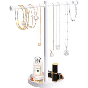 Jewelry Necklace Organizer Stand,12.9" Tall Sturdy Metal Jewelry Stand with Round Tray for Bracelet Bangles Holder Display,Long Necklace Organizer Holder (white)