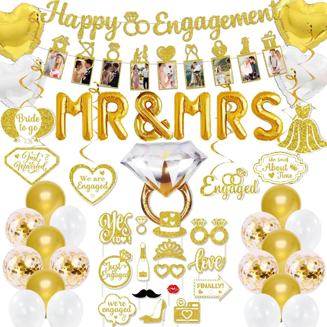 Gold Engagement Party Decorations Glitter happy Engaged Banner, MR and MRS Balloons, Hanging Swirl,balloons, Ring Balloons for Wedding Engagement Party Decor