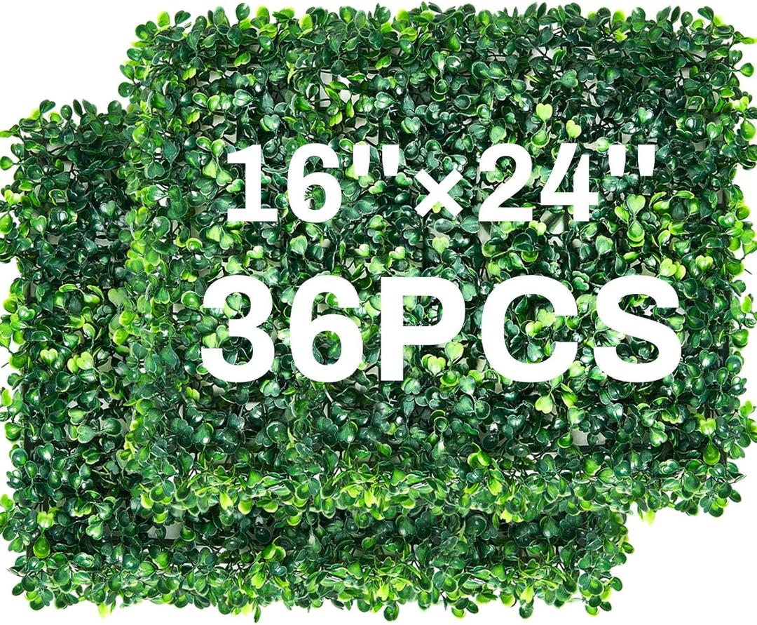 Cindeer 36 Pcs 24"x16" Artificial Grass Wall Panels Greenery Backdrop Green Boxwood Panel Leaf Wall Decor Boxwood Hedge Wall Panels for Indoor Outdoor Decor Privacy Garden Fence Backyard