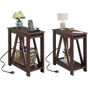 WLIVE End Tables Living Room Set of 2 with Charging Station, Sofa Side Tables with Open Storage Shelf, Slim Farmhouse End Table Sets, Espresso