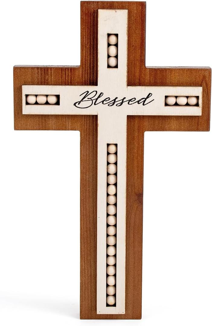 OKSQW Wall Wooden Cross Christians Cross Spiritual Religious Gifts With Hook on Hanging Wall Or Table With Blessed and Wood Bead for Church Home Room Decoration for Christmas