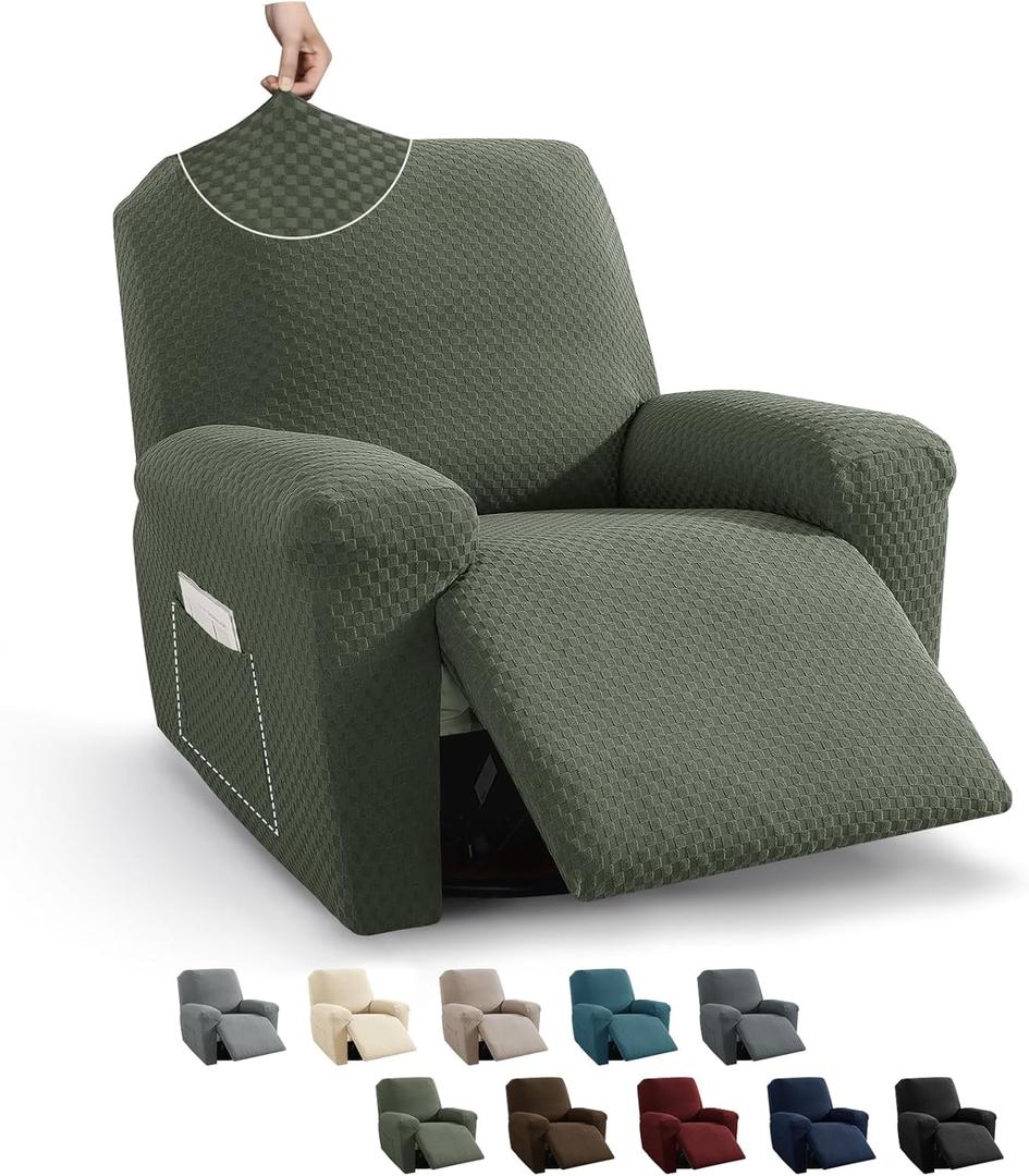 MAXIJIN Recliner Cover Slipcovers for Living Room 4 Pieces Stretch Jacquard Recliner Chair Cover Soft Fitted Recliner Protector with Elastic Bottom for Kids, Pets (Recliner, Army Green)