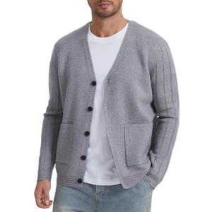 Men's Cardigan Sweater Button Front V-Neck Long Sleeve Knit Sweaters (Gray, XXL)