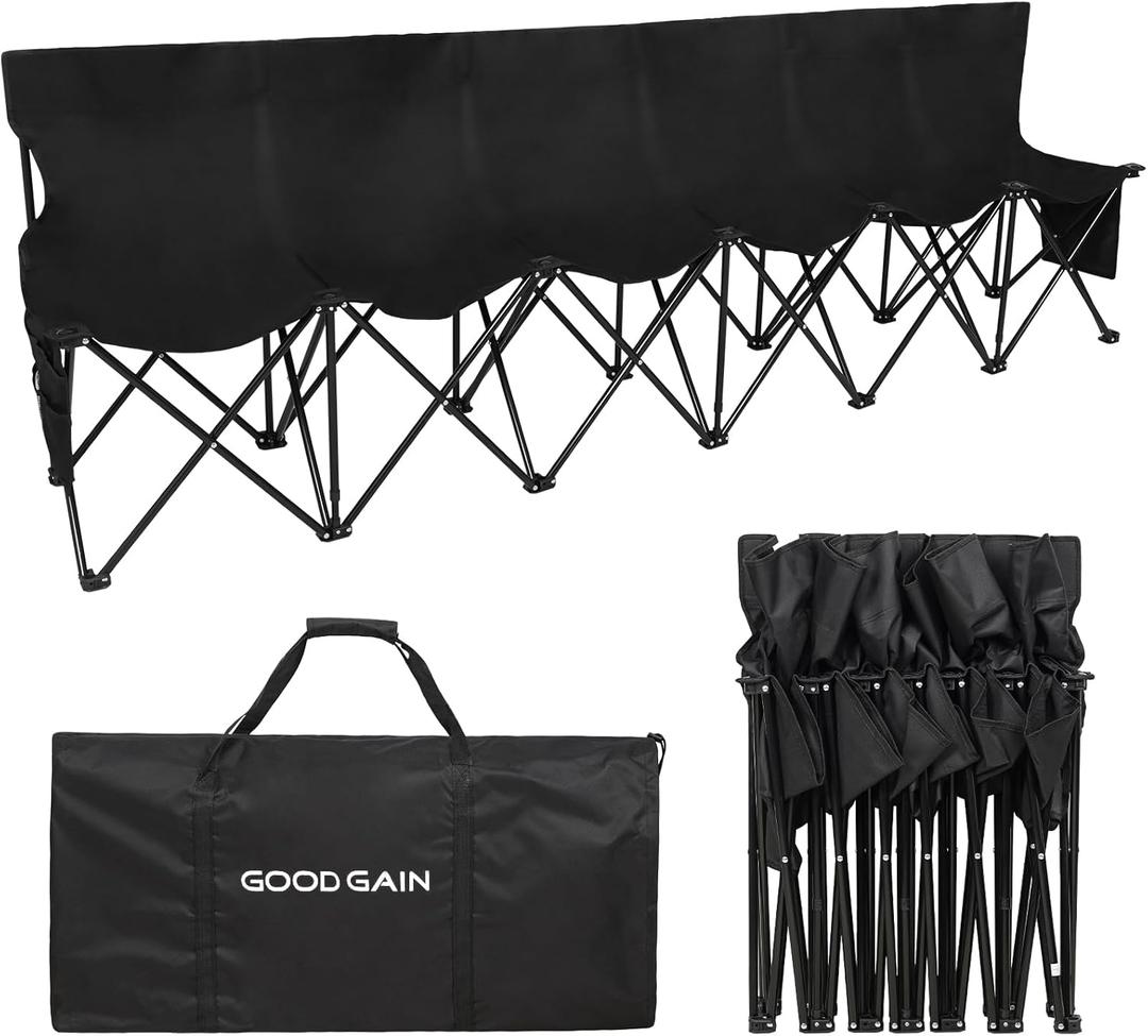 G GOOD GAIN Portable Soccer Bench - Team Bench Soccer 6 Seats with Bag, Sideline Folding Bench, Folded Chair Seating 6 for Football Camp Outdoor Sport Events, Team Chairs for Adults, Black, 72.4"D x 19.7"W x 32.3"H