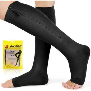 Ailaka Zipper Compression Socks for Women Men, 20-30 mmHg Open Toe Compression Socks Knee High, Ted Hose Compression Stockings for Edema, Varicose Veins M