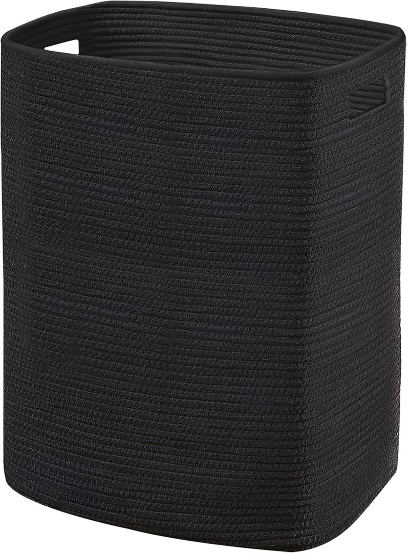 Large Laundry Hamper 16"x13"x22" - Tall Woven Laundry Basket, Cotton Rope Dirty Clothes Hamper, Baby Kids Nursery Wicker Laundry Basket, Bedroom Aesthetic, Soft Laundry Bin, Black Hamper, 75L