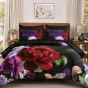 WONGS BEDDING Black Comforter Set King Size, 7 Pieces Floral Bed in a Bag Set, Luxury Red Flower Bedding Set, Soft Microfiber for All Season with Pillowcases & Shams,Sheets(90"104")