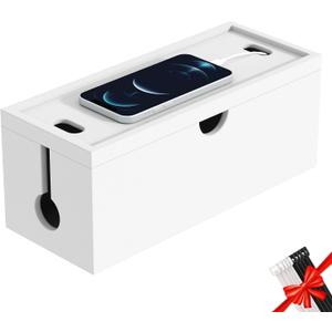 Bamboo Cable Management Box, Large Cord Organizer Box Cable Box to Hide Wires & Power Strips for Desktop Storage Cord Holder for Office Home,No Assembley Required (All White, 1Medium)