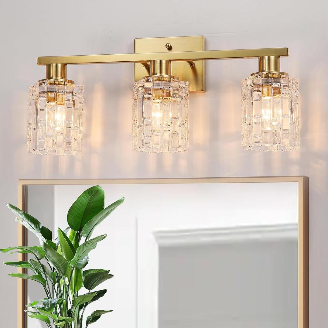 3 Light Brushed Gold Bathroom Vanity Light Over Mirror, Modern Vanity Lighting with Crystal Glass Shade, Wall Mount Bathroom Light Fixtures, E26 Base