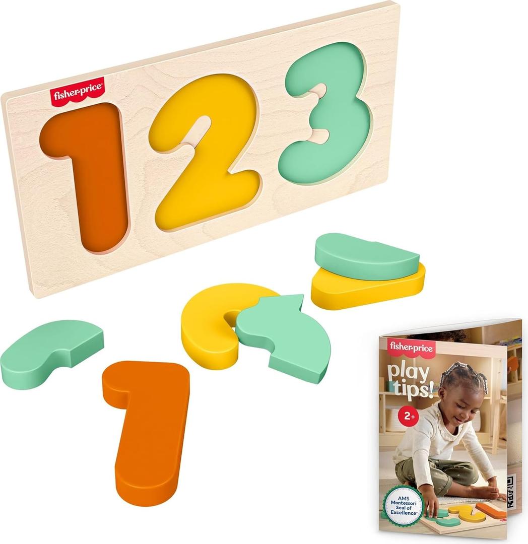 Fisher-Price Wood Montessori Toy 1-2-3 Puzzle, American Montessori Society Seal of Excellence, 6-Piece Wooden Learning Activity & Expert Play Tips for Toddlers & Kids Ages 2+ Years 