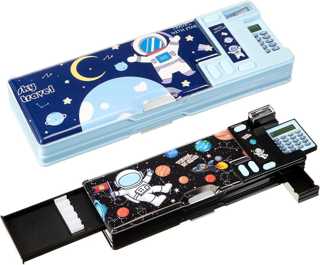 2 Pcs Multifunction Pop up Pencil Case with Calculator Sharpener Back to School Supplies Astronaut Pencil Box Cartoon Pen Box Organizer Birthday Gift for Students Kids Boys Girls