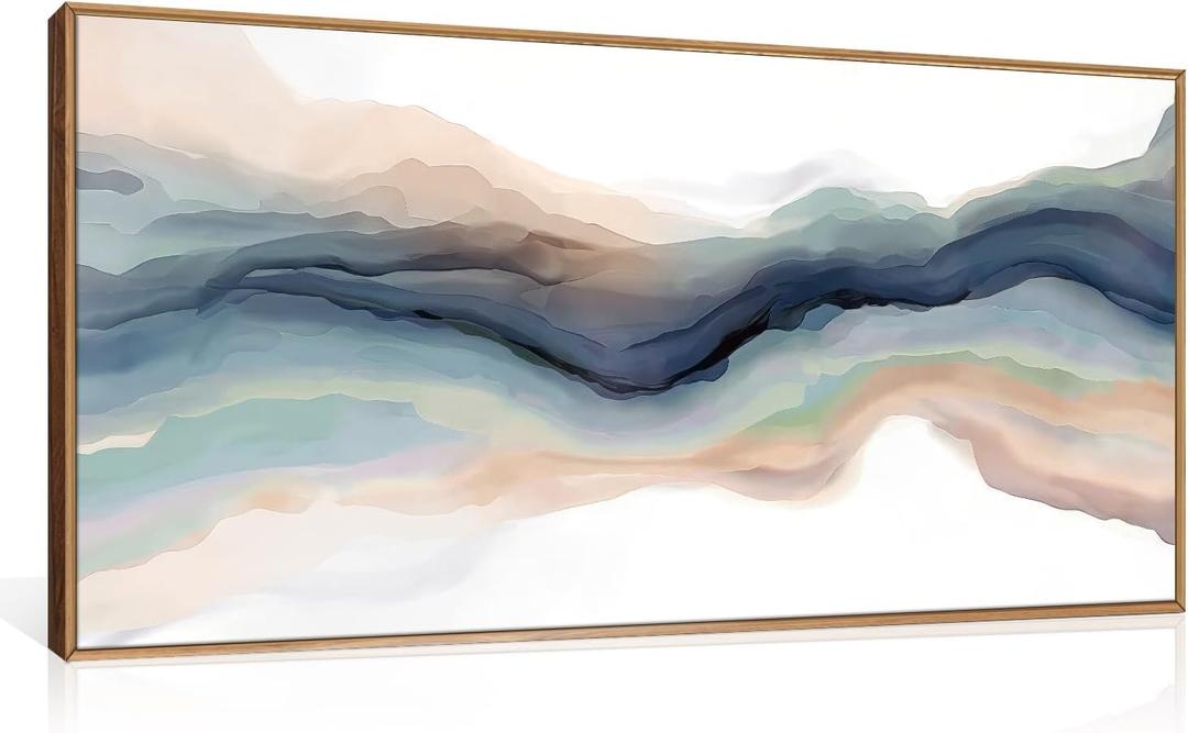 HLNIUC Blue Abstract Wall Art, Watercolor Line 40"x20" Framed Art, Modern Wave Canvas Wall Decor, Natural Landscape Paint Stroke Prints for Living Room, Bedroom, Office